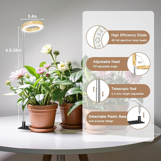 Kullinss Grow Light, 48 LEDs Full Spectrum Plant Lights for Indoor Growing, Wood Grain Small Grow Light with 6/12/16H Timer, 3 Color Modes, 5 Brightness, Height Adjustable Grow Lamp for Small Plants