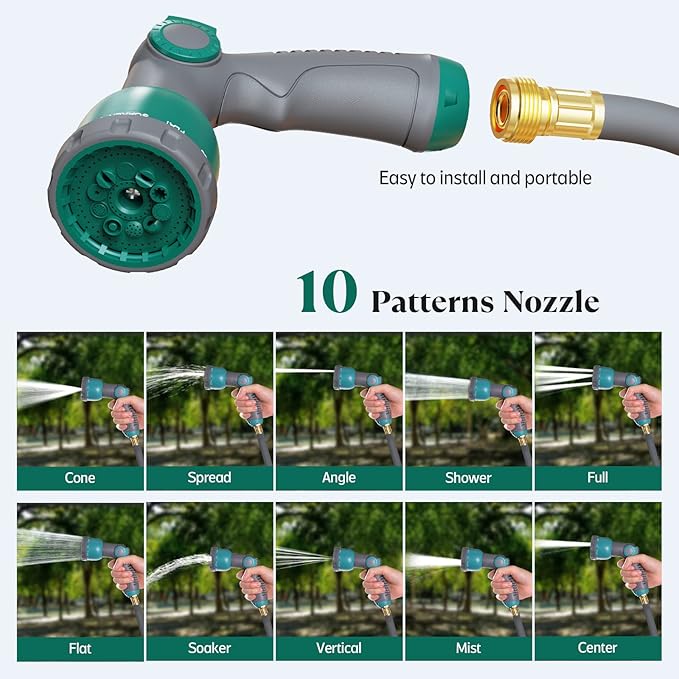 100 ft x 5/8" Retractable Garden Hose Reel, Heavy Duty Water Hose Reel Wall Mounted, Any Length Lock, 180°Swivel, Water Hose with 10-Function Nozzle for Cleaning, Watering (Green)