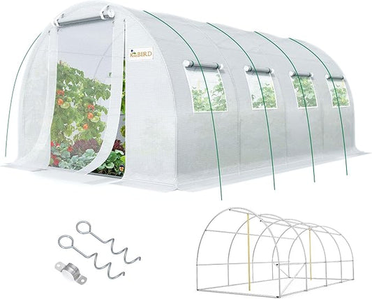 KING BIRD Premium 20x10x6.6FT Greenhouse for Outdoors, Large Walk-in Upgraded Galvanized Metal Frame, Mesh Door Screen Window Improved Zipper Tunnel Hoop for Garden Plant Winter, 2 Stiffeners, White