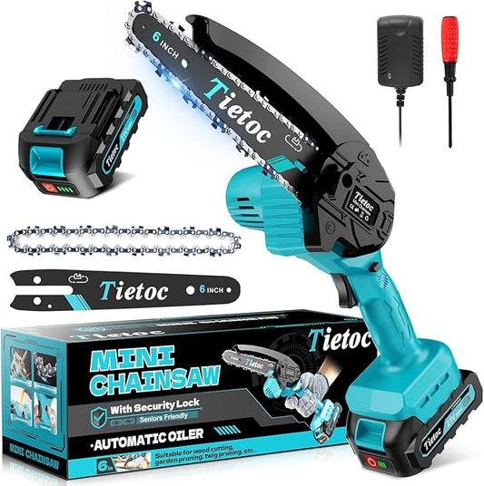 Tietoc Mini Chainsaw Cordless 6-inch, Lightweight Handheld Electric Saw, Battery Powered Pruning Chain Saw Kit for Household and Garden, Gifts for Men, Dad, Husband, Gardener and DIYer