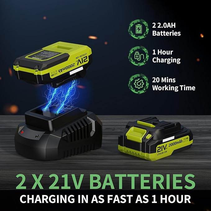 Leaf Blower, 21V Cordless Electric Blower with 2 2.0Ah Batteries and 1 Hour Fast Charger, Lightweight Leaf Blower for Patio Cleaning, Lawn Care, Blowing Fallen Leaves and Dust, etc.