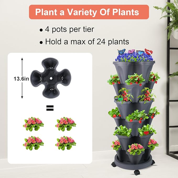 Vertical Planter, 6 Tier Stackable Strawberry Planter with Garden Tool Set, Movable Indoor/Outdoor Garden Herb Pot for Growing Vegetables and Succulents, Dark Gray