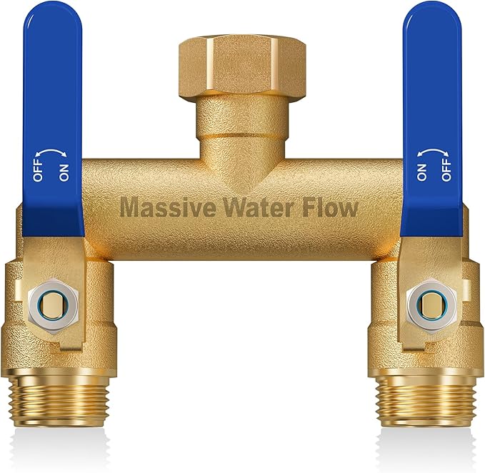 Hose Splitter 2 Way Heavy Duty, Full Flow Garden Hose Splitter with 2 Long Metal Handles, Brass Rust and Freeze Resistant Water Hose Bib Splitter, T Adapter Connector with 3/4 - Inch GHT Thread(Blue)