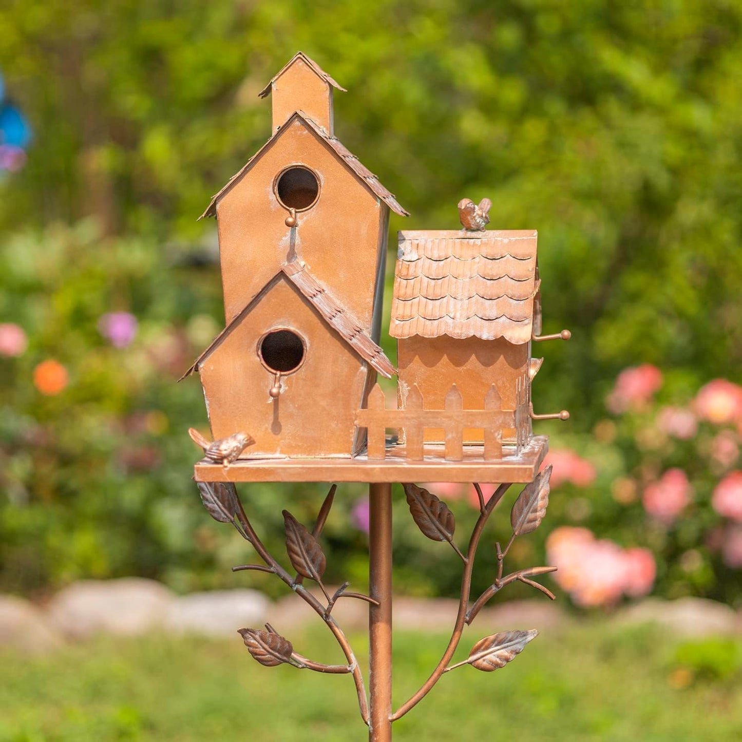 Large Copper Colored Multi-Birdhouse Stakes, Room for 4 Bird Families in Each (Houses Facing Multiple Directions)