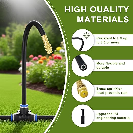 Automatic Drip Irrigation Kit - 50FT with Tool-Free Quick Connectors, 15 Copper Atomizing Nozzles & 360ยฐ Bendable Spray for Garden, Greenhouse, Lawn, Plants