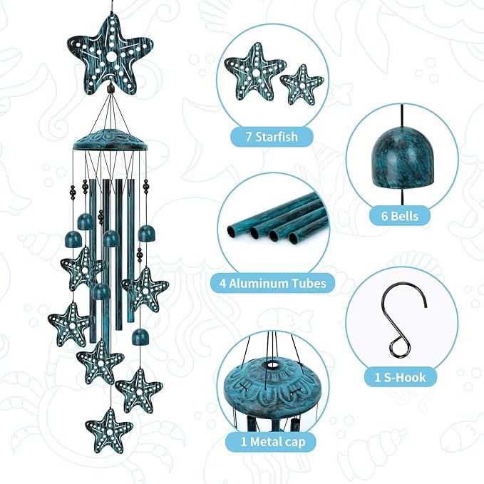 Starfish Wind Chimes for Outside, Large Starfish Gifts for Women, Blue Marine Animal Wind Chime, Metal Starfish Decor, 40" Outdoor Garden Decor for Lawn, Porch, Patio, Yard