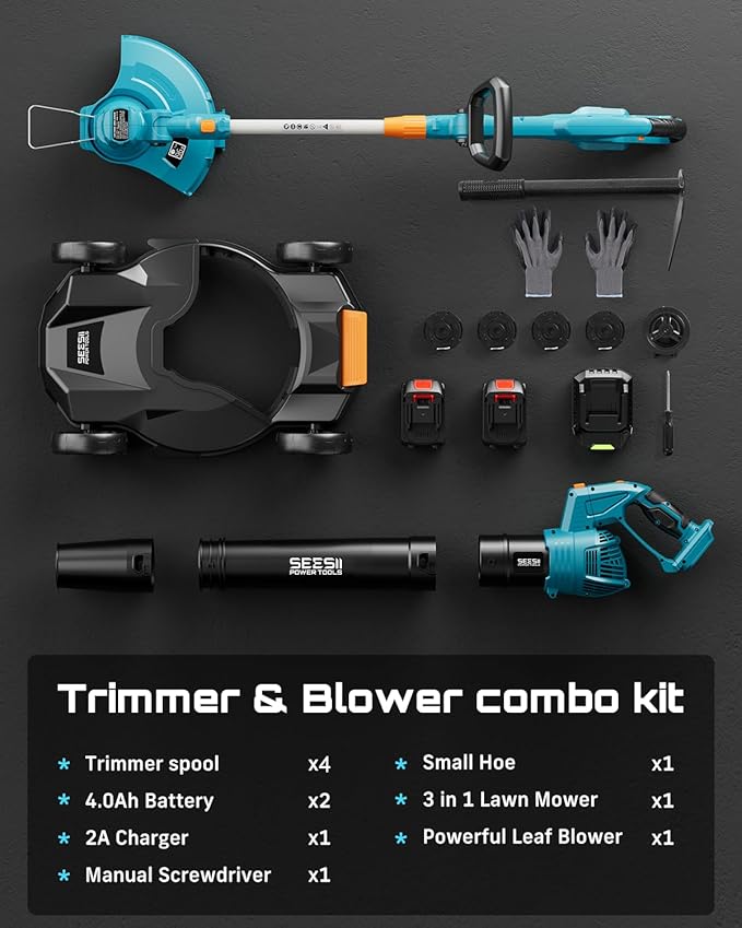 SEESII Electric String Trimmer and Leaf Blower Combo Kit, 3 in 1 Cordless Weed Wacker Grass Eater with 1.3"/2.1" Height, Battery 12" Lawn Mower & Rotary Handheld Blower with 5-Speed for Yard Lawn