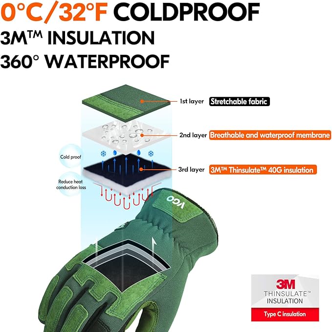 Vgo... Winter Gardening Gloves Women,Safety Work Gloves, Puncture-proof,Thornproof,Touchscreen(1 Pair,S,Green,SL7471FLWP)