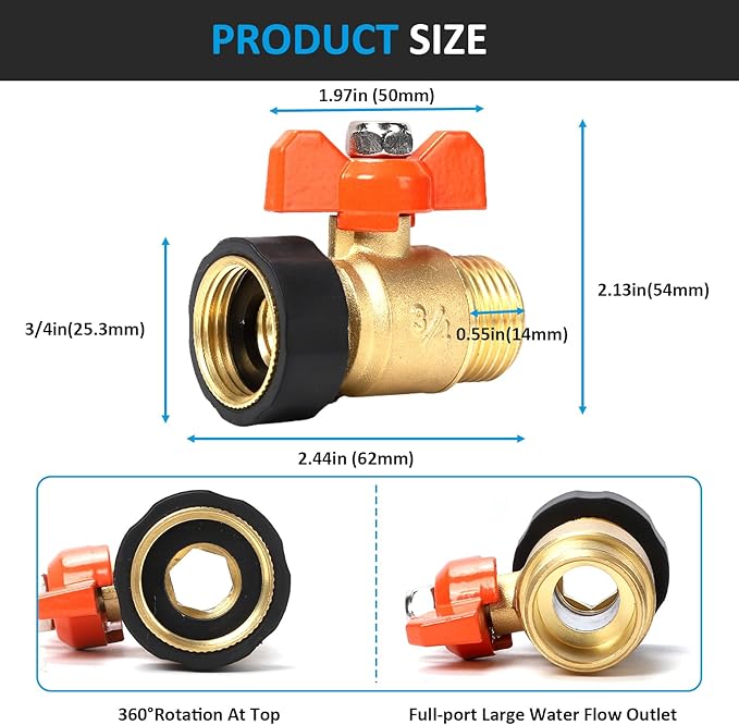 Garden Hose Brass Shut Off Valve Full Flow, No Restricted-Flow Water Shut-Off Connector, 3/4" GHT x 3/4" GHT Garden Hose Full Port Ball Valve Adapter