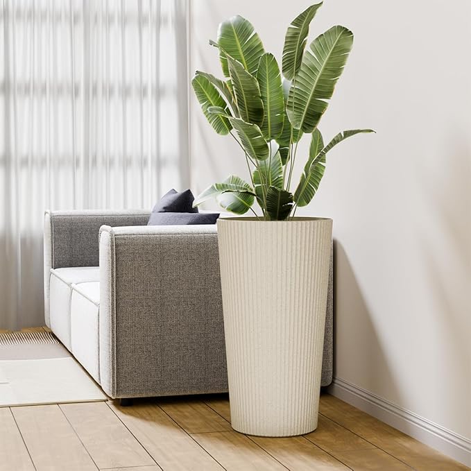 23.6" Tall Planters for Outdoor Plants,Large Outdoor Planters for Front Porch Decor with Drainage Hole, Flower Pots Fits Indoor Plants Patio/Garden, Plastic Striped Off-White (2 Pack)