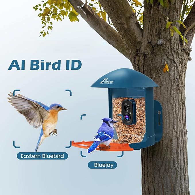 Smart Bird Feeder with Camera, 2K HD Birdwatching Camera with AI Identify Bird Species & Solar Panel, Auto Video Capture & Instant Notifications, Ideal Gifts for Lover, Deep Blue