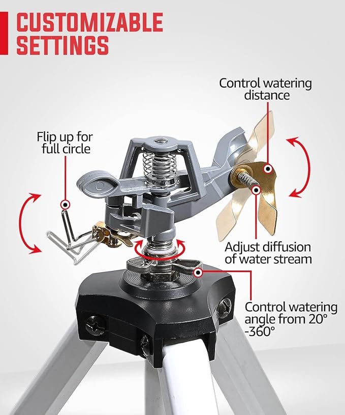 YAMATIC Impact Sprinkler on Tripod Base, 50-inch Heavy Duty Metal Sprinkler for Yard, 360 Degree Rotating Zinc Head for Large Area, 3/4" Brass Connector, Extension Legs Flip Locks, Spray up to 20-90ft