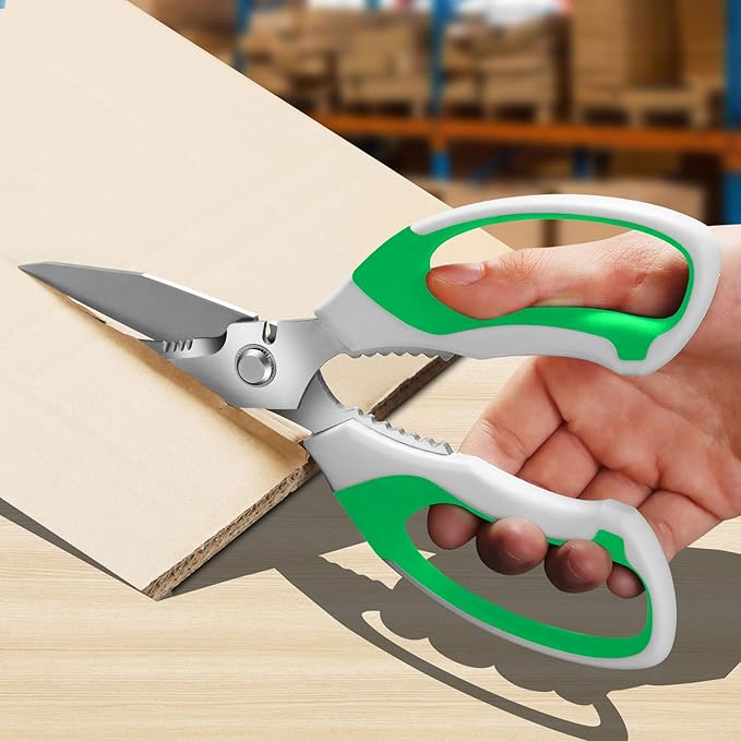 8-Inch Heavy Duty Utility Scissors All Purpose, Serrated Blade, Green Comfort Grip for Cutting Carpet, Cardboard, Leather, Fabric, Multipurpose Sharp Shears for Kitchen, Garden, Office, Carft