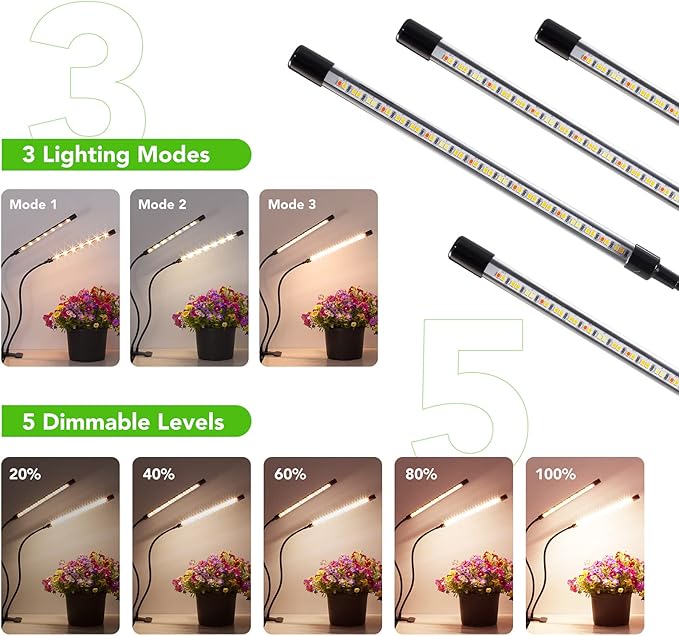 Plant Lights for Indoor Growing, Full Spectrum 4 Heads Clip Grow Lamps with 10 Feet Cables for Houseplants, Auto On Off Timing 3 9 12Hrs(2 Pack)