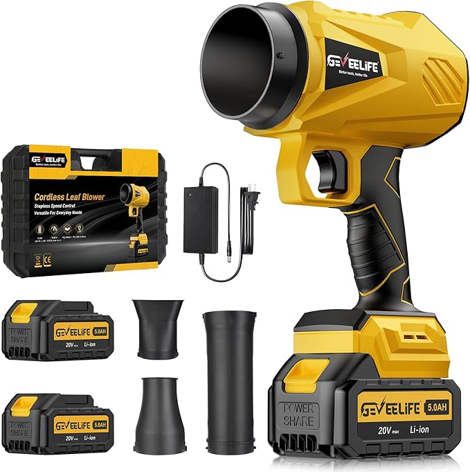 GEVEELIFE 2025 Upgraded Leaf Blower Cordless-800000 RPM Turbo Jet Blower with 2×5.0Ah Batteries & Fast Charger,Handheld Blower for Patio,Leaves, Lawn, Yard, Dust,Snow,Car Cleaning