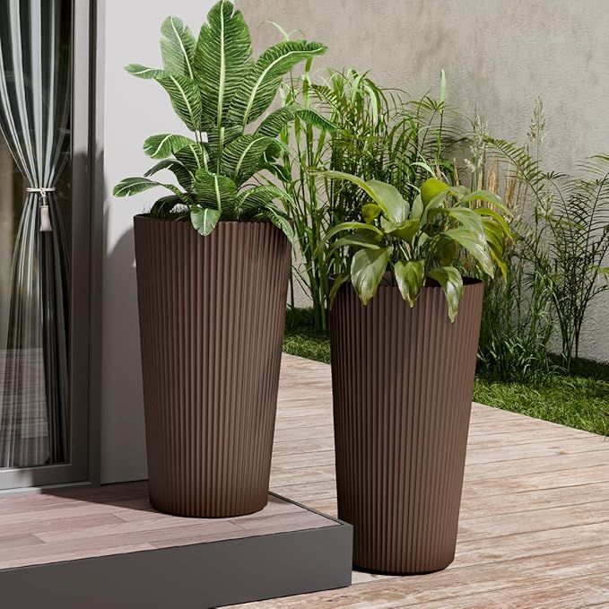 23.6" Tall Planters for Outdoor Plants,Large Outdoor Planters for Front Porch Decor with Drainage Hole, Flower Pots Fits Indoor Plants Patio/Garden, Plastic Striped Brown(2 Pack)