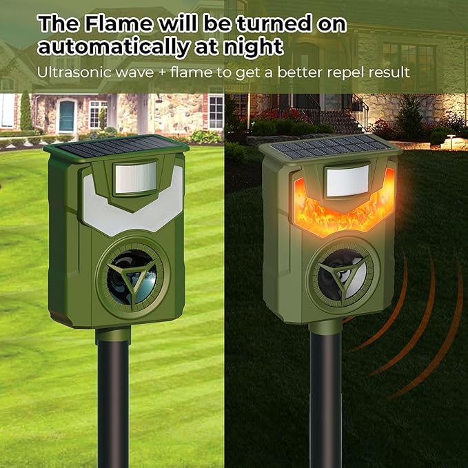 Solar Animal Repeller Ultrasonic Deer Repeller Fox Deterrent with 5 Modes Motion Sensor Flame Light for Repel Squirrel Cat Dog Outdoor Lawn Orchard Garden