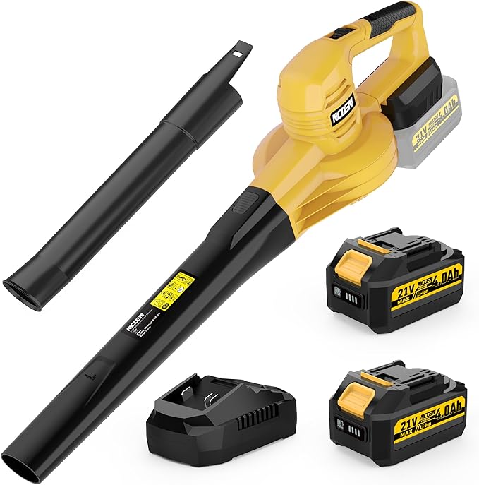 21V Cordless Leaf Blower with 2 x 4.0Ah Batteries and Charger - Powerful 2-Speed Electric Blowers for Lawn Care, Blowing Leaves, Patio, House, Depot, Dust (Yellow)