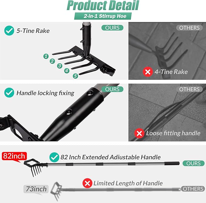 Suchtale 82 Inch Stirrup Hoe and 5-Tines Rake, Action Hoe for Weeding, 2 in 1 Scuffle Hoe with 37-82"Adjustable Handle, Hula Hoe Cultivator for Loosening Soil, Loop Hoe for Garden Weeding and Planting