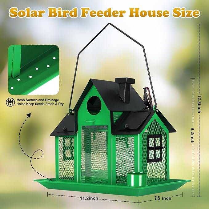 Solar Bird Feeders House for Outside Hanging, Metal Wild Bird Feeder for Outdoors, Large Cardinal Bird Feeder Birdhouses Green