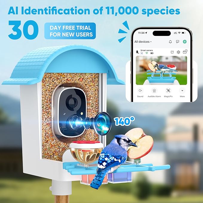 Smart Bird Feeder with Camera, Bird Feeders for Outdoors with Solar Panel, 2K HD Live View, AI Identify, Auto Capture, Instant Notifications, 2.4GHz, IP65 Waterproof, Ideal Gifts for BirdLovers, Blue