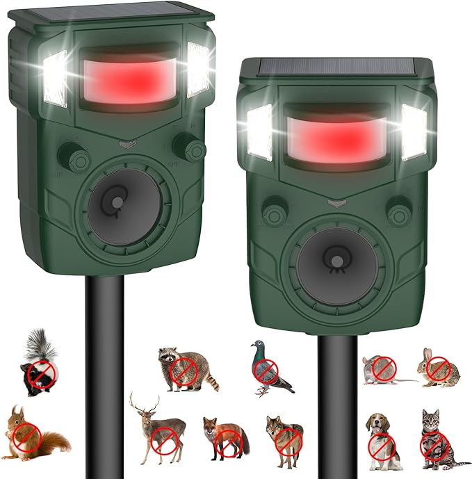 2025 Upgraded Solar Ultrasonic Animal Repellent Outdoor – Motion Activated Deer, Squirrel, Cat, Raccoon, Dog & Bird Ultrasonic Sweep for Yard, Garden, Farm, 2PC