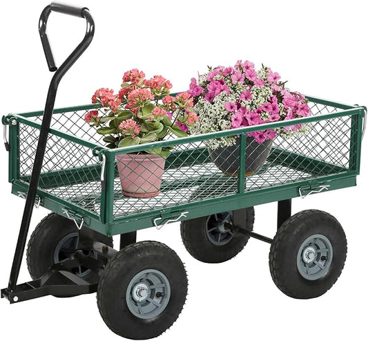 FDW Garden Cart Streel Heavy Duty 500 LBS Capacity,Utility Cart Wagon with Removable Sides and 180°Rotating Handle for Yard, Lawn and Garden Hauler (Green)