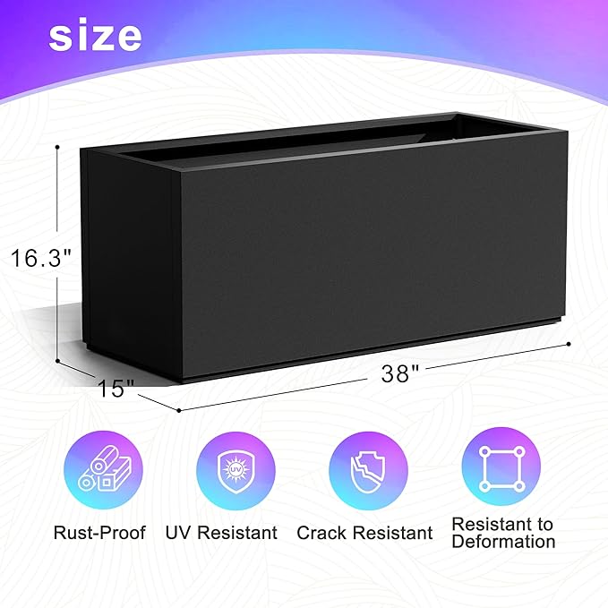 Tall Metal Planter, 15" W×16.3" H Large Rectangular Planter Box for Outdoor or Indoor, All-Weather Durable Plant Box with Drainage Holes & Removable Shelf for Patio, Porch, Garden, Trees, Flowers