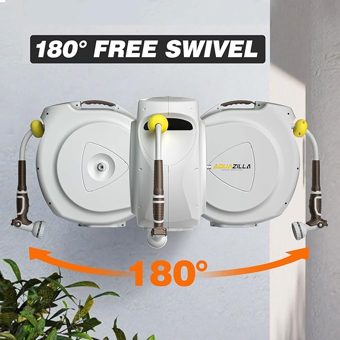 Retractable Garden Hose Reel, 5/8 in 100+6 ft, Heavy Duty Wall Mounted Water Hose Reel, Spring Power Automatic Rewind, Any Length Lock, 180° Swivel Bracket, 10 Pattern Spray Nozzle