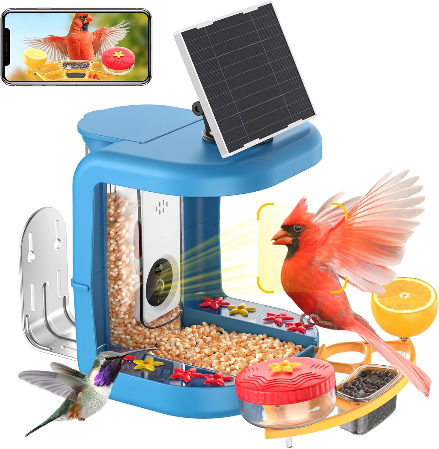 Solar-Powered Smart Bird Feeder with Camera Solar Powered,2K Video Recording, Auto Bird ID & Extensive DIY Accessories,2 in 1 Hummingbird Feeder Camera Ideal Present for Bird Lovers (Blue)