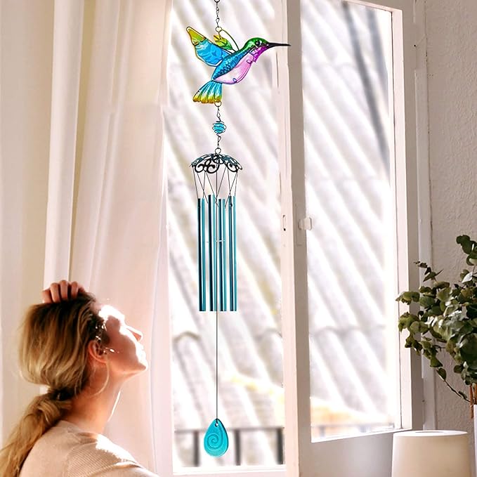 Hummingbird Wind Chimes, Wind Chimes for Outdoor, 26" Glass Painted Mobile Romantic Chimes, Patio, Balcony, Garden Decoration, Lifelike Hummingbird Deep Tone Style, Gifts for Mom
