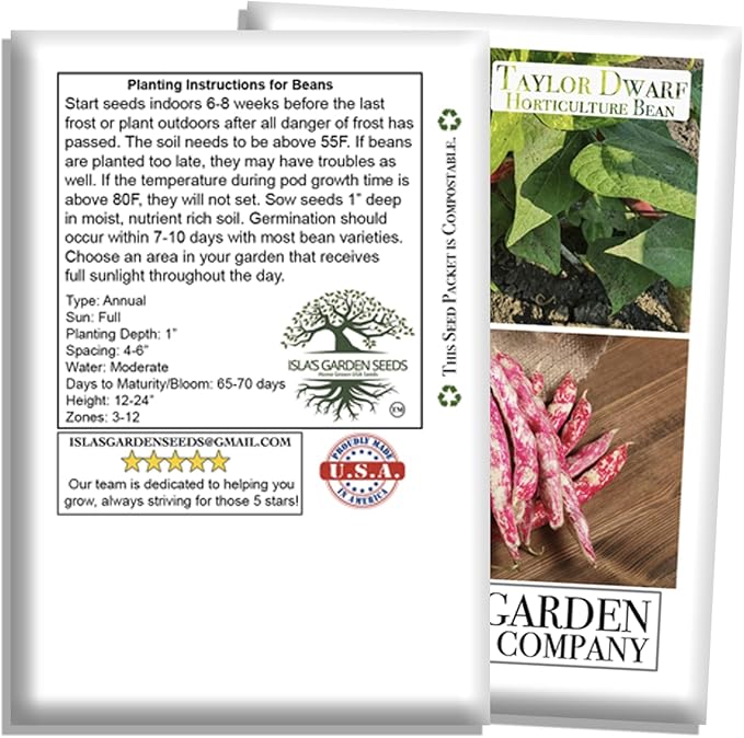 Taylor Dwarf Horticulture Bush Bean Seeds (Phaseolus vulgaris) – 25+ Non-GMO Heirloom Cranberry Bean Seeds, 85% Germination Rate, by Isla’s Garden Seeds, Great for Cooking & Small Gardens