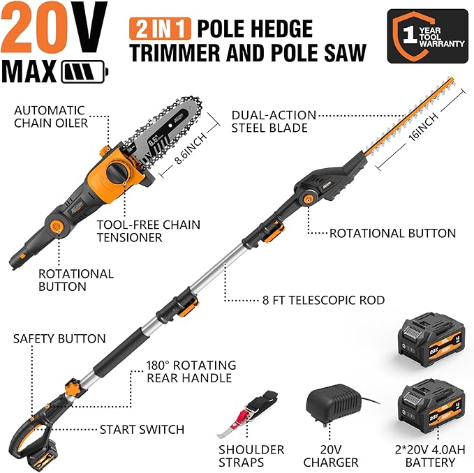 Alloyman 2-in-1 Telescopic Cordless Pole Hedge Trimmer 16-Inch and Pole Saw 8.6-Inch,with 2 Packs 4.0Ah Batteries & Charger,for Tree Trimming and Shrubs Pruning