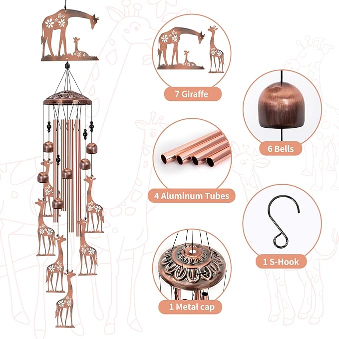 Giraffe Wind Chimes for Outside, Large Giraffe Gifts for Women, Memorial Giraffe Wind Chime, Metal Giraffe Decor, 40" Outdoor Garden Decor for Lawn, Porch, Patio, Yard