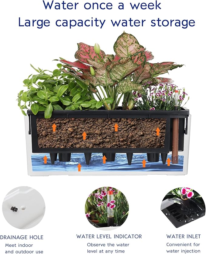 GardenBasix 7.5''x20'' White Self Watering Rectangle Planter Pots with 10 Quarts Coco Soil, Indoor Outdoor, Easy to Observe Water Level, Stylish and Simple
