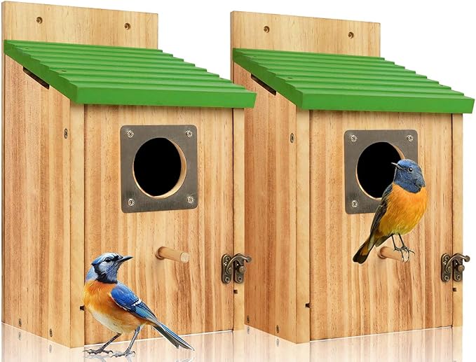 2 Pack Bird Houses for Outside - Cedar Bluebird Houses with Metal Predator Guard, Birdhouse for Wren Bluebirds Finches Swallows, Carbonized Wooden