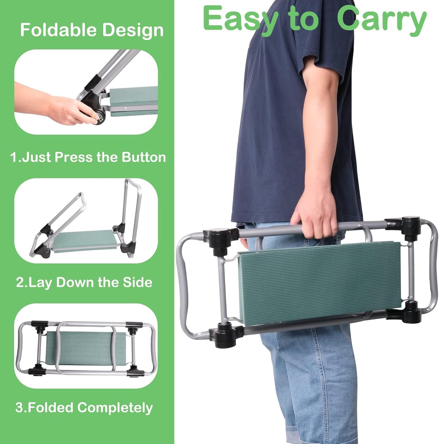 Garden Kneeler and Seat, 2024 Upgraded Foldable Heavy Duty Kneeling Bench with 2 Tool Bags and Soft EVA Foam Pad for Senior, Green