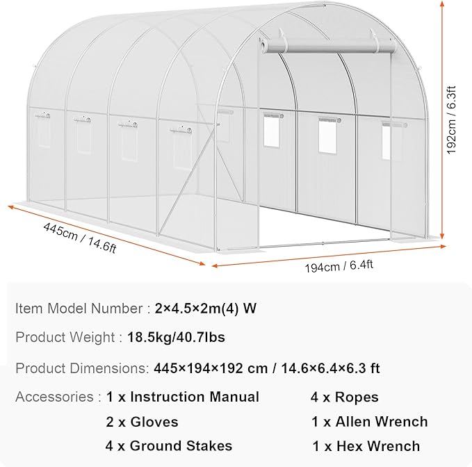 VEVOR Walk-in Tunnel Greenhouse, 14.6x6.4x6.3 ft Hoop House Greenhouse Tunnel, Plant Hot House with Galvanized Steel Frame, White PE Cover, Roll-up Zipper Door and 8 Windows for Outdoor