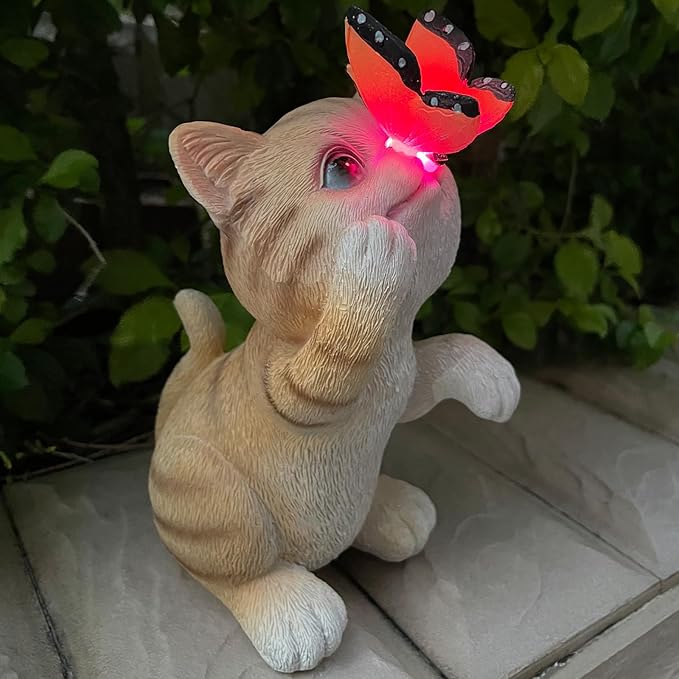 Garden Decor Solar Cat Figurines Cat Lover Gifts with LED Butterfly Lights for Indoor Outdoor Decor for Yard Garden Patio Decor Gifts for Women Grandma Mother's Day Birthday