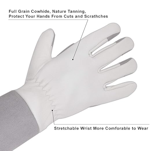 HLDD HANDLANDY Gardening Gloves for Women & Men, Leather Long Sleeve Rose Pruning Glove, Thorn Proof Garden Work Gauntlet Animal Handling Gloves (Large, Gray)