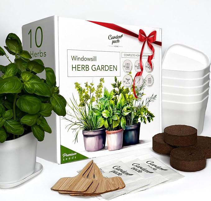 Garden Pack 10 Herb Indoor Window Herb Garden - Includes Pots, Trays, and Compressed Soil for Easy Indoor Herb Growing - Perfect Kitchen Herb Garden Starter Kit for Beginners and Gifts