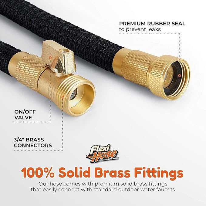 Flexi Hose PLUS with 8 Function Nozzle Expandable Garden Hose, Lightweight & No-Kink Flexible Garden Hose, 3/4 inch Solid Brass Fittings and Double Latex Core, 150 ft Black