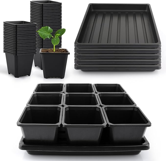 50Pcs 3.5inch Square Nursery Pots with 5Pcs Seed Starting Trays, Seed Starter Tray Kit, Seeds Starting Germination, Seeding Pots with Drain Holes, Small Plant Nursery Propagation