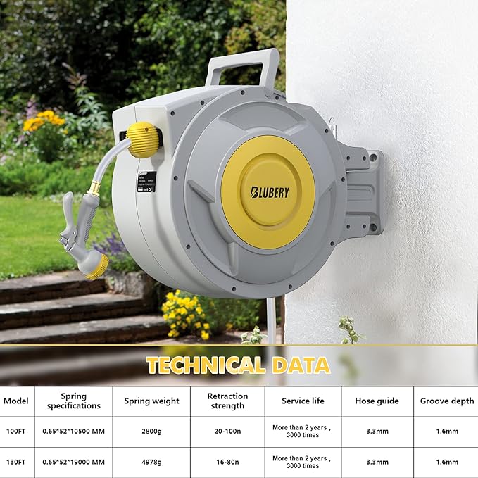 Heavy Duty hose Reel, 5/8"×100 FT Retractable Garden Hose Reel Wall Mount with 8 Pattern Hose Nozzle/Auto Rewind/Any Length Lock/180°Swivel Bracket