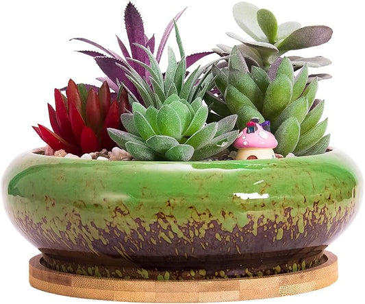 ARTKETTY Succulent Pots - 7.3 Inch Ceramic Bonsai Pots with Drainage Tray, Large Shallow Succulent Planters for Indoor Cactus Plants Decorative Flower Plant Container Bowl