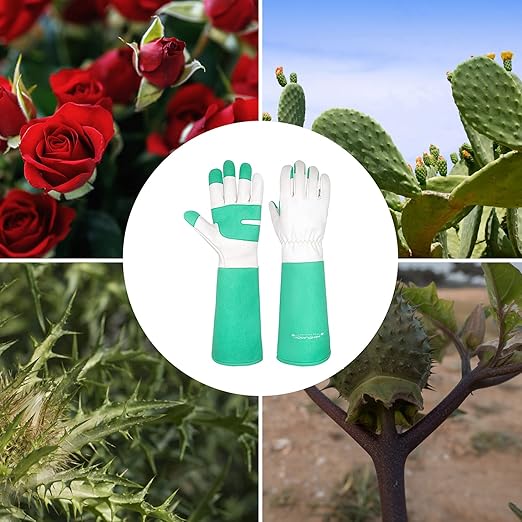 HLDD HANDLANDY Leather Gardening Gloves for Women & Men - Long Sleeve Rose Pruning, Thorn Proof Garden Work Gauntlet, Animal Handling (Large, Green)