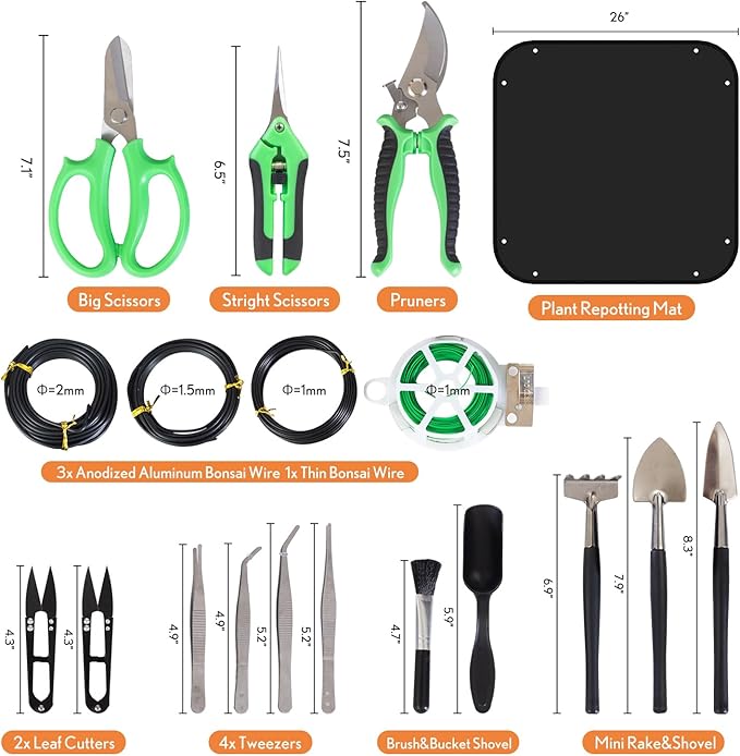 Bonsai Tools Kit 20 Pcs Garden Tools Set for Starters, Includes Bonsai Wire Kit, Plant Mat, Pruning Shears, Bonsai Scissors, Succulent Tools in Leather Storage Bag, Bonsai Gift for Adults