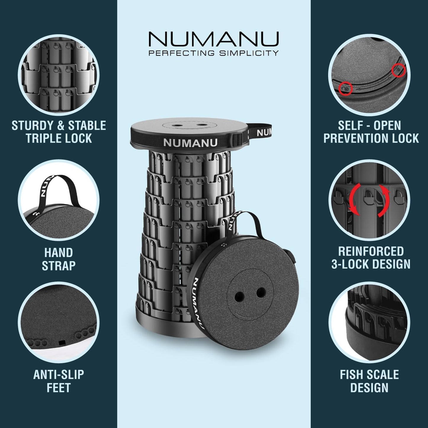 NUMANU 2025 Upgraded Collapsible Stool, 2.5"-18" Max 620lb Portable Folding Stool, Height Adjustable Retractable Telescopic Seat (2Pack Hard Seat + Accessories)