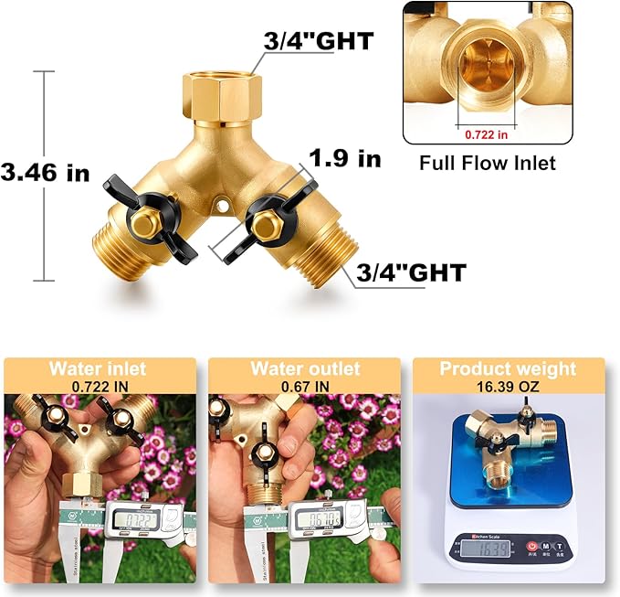 Garden Hose Splitter Full Flow Splitter No Restricted-Flow Connector Heavy Duty Brass Hose y Splitter, 2 way High Flow Hose Bib Adapter with Shut Off Valves (Butterfly Handle)