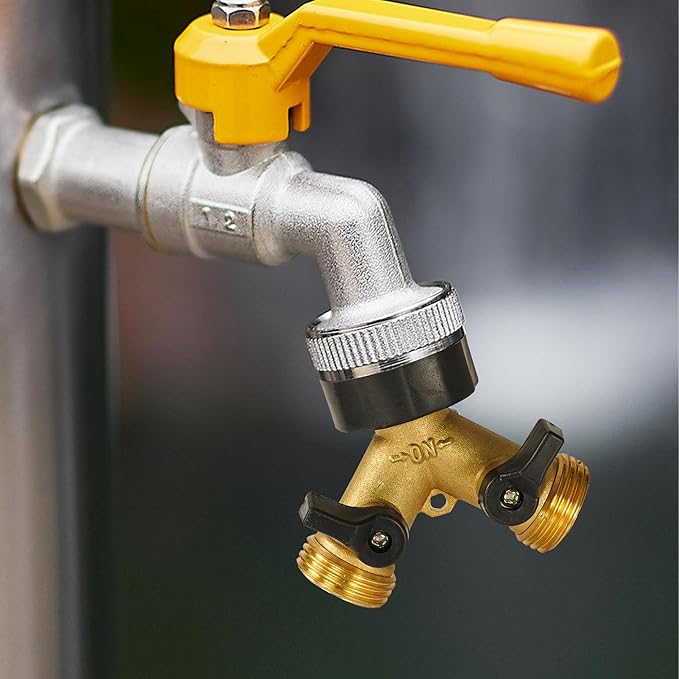 Uptotop Brass Garden Hose Splitter 2 way Heavy Duty, 2 Pack Brass Hose Y Splitter 2 Valves, Y Connector with 4 Extra Rubber Washers